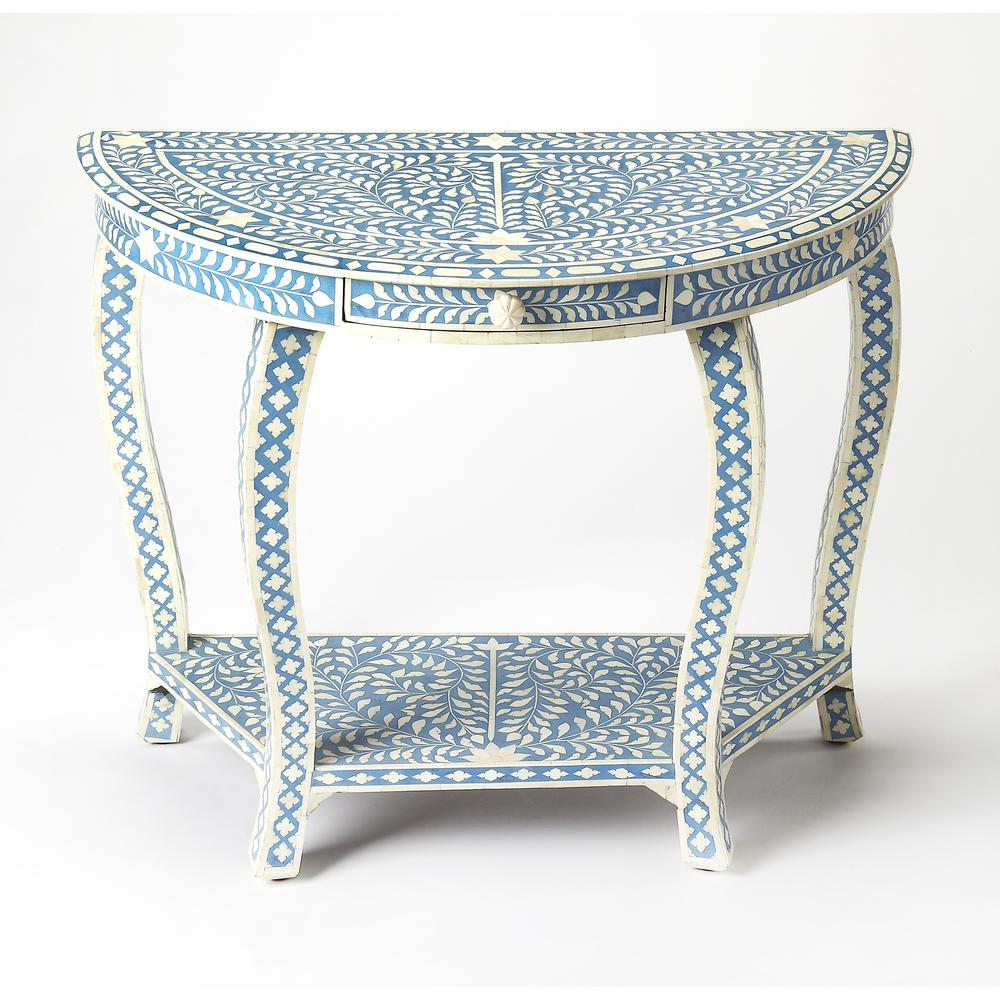 Company Vivienne Bone Inlay Demilune Console Table, Sky Blue. Picture 1