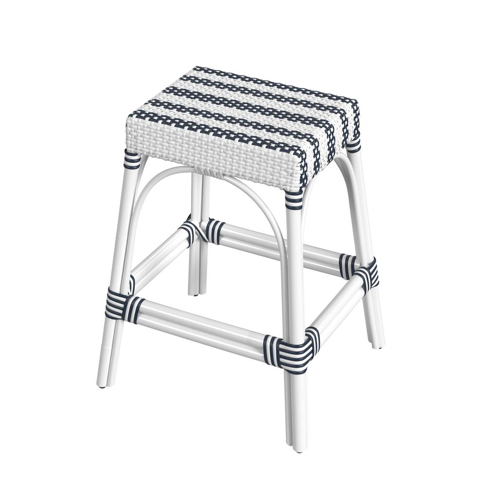 Company Robias Rectangular Rattan 24.5" Counter Stool, White and Navy Stripe. Picture 1