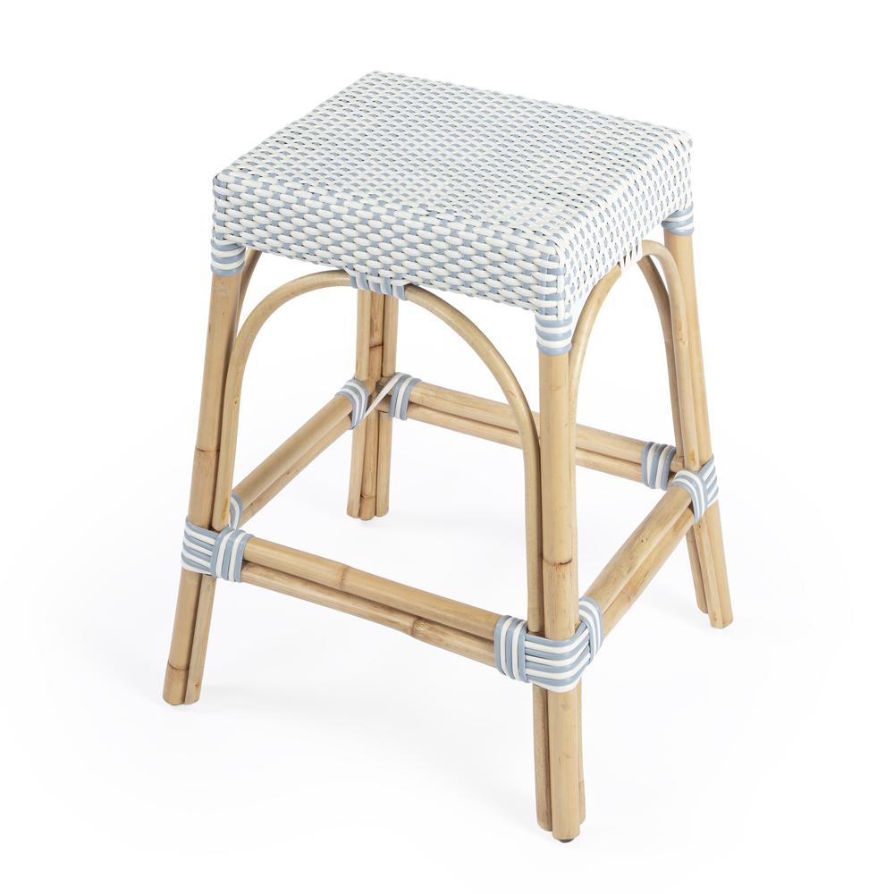 Company Robias Rectangular Rattan 24.5" Counter Stool, White and Sky Blue Dot. Picture 1
