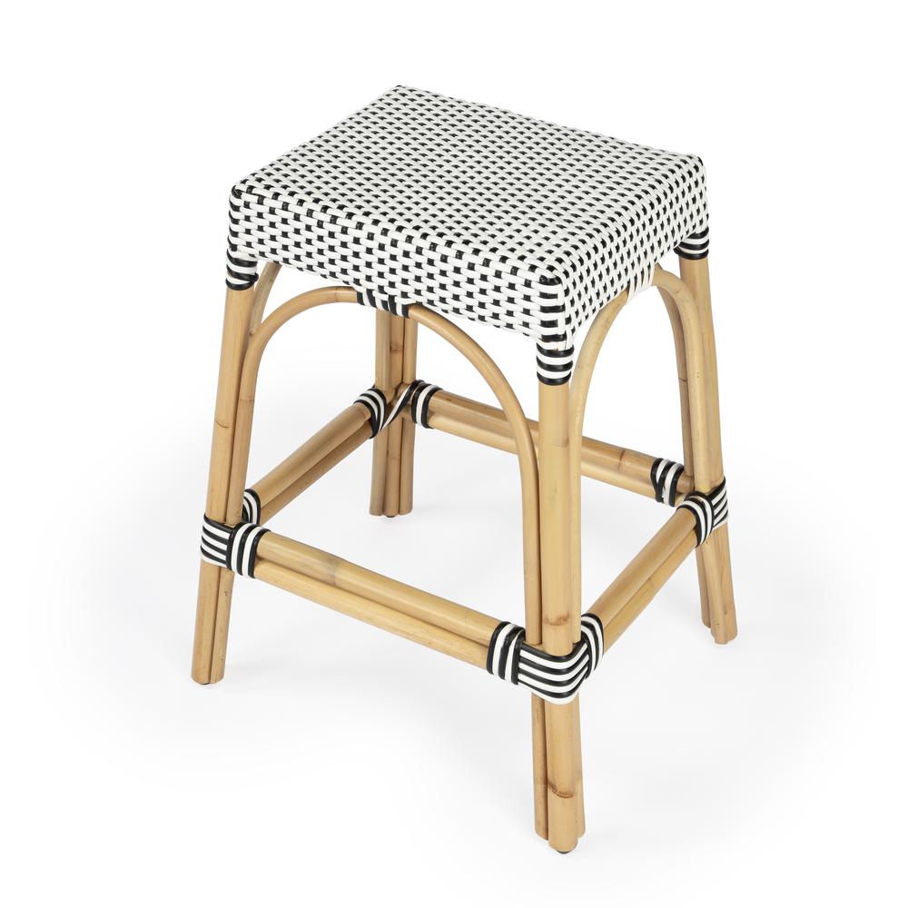 Company Robias Rectangular Rattan 24.5" Counter Stool, White and Black Dot. Picture 1