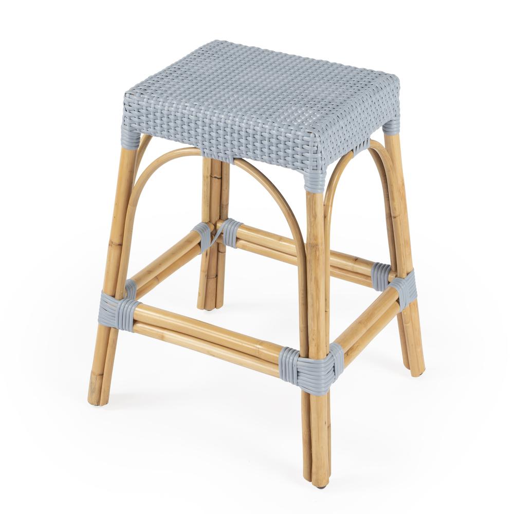 Company Robias Rectangular Rattan 24.5" Counter Stool, Baby Blue. Picture 1