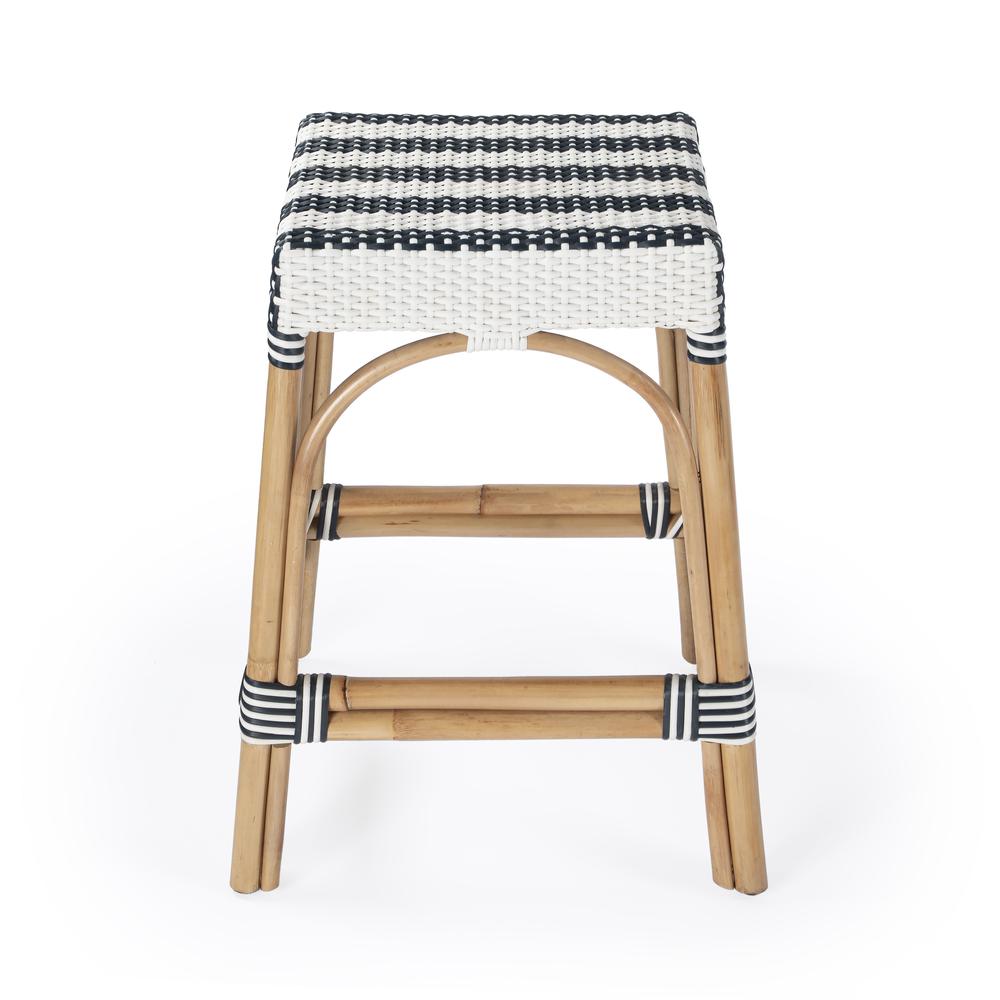 Company Robias Rectangular Rattan 24.5" Counter Stool, White and Navy Stripe. Picture 2