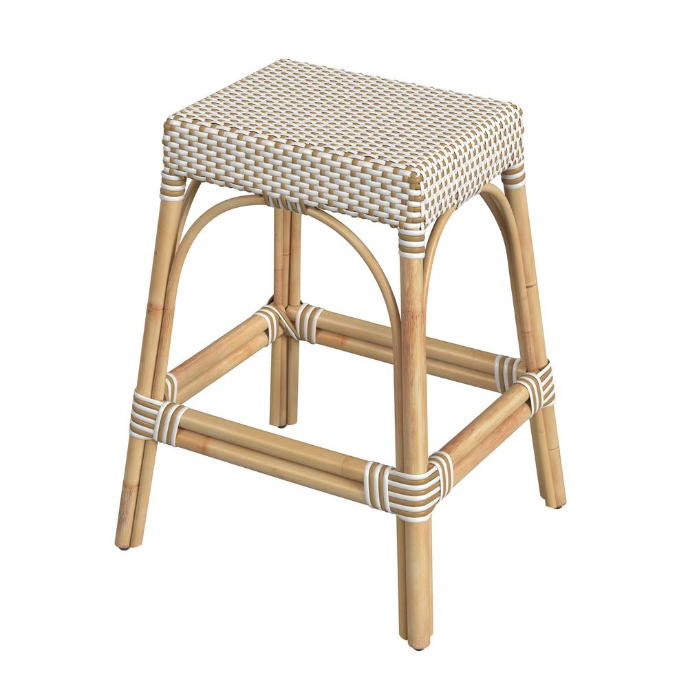 Company Robias Rectangular Rattan 24.5" Counter Stool, White and Tan Dot. Picture 1