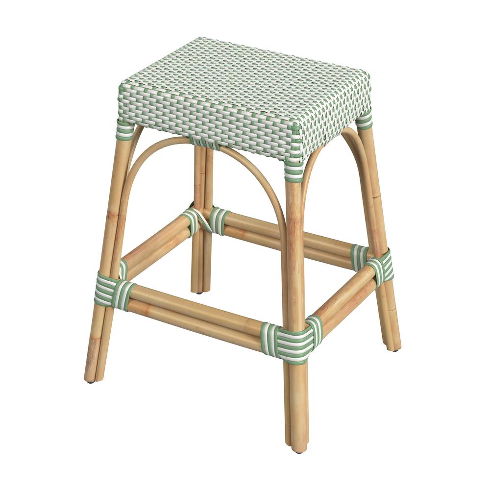 Company Robias Rectangular Rattan 24.5" Counter Stool, White and Green Dot. Picture 1