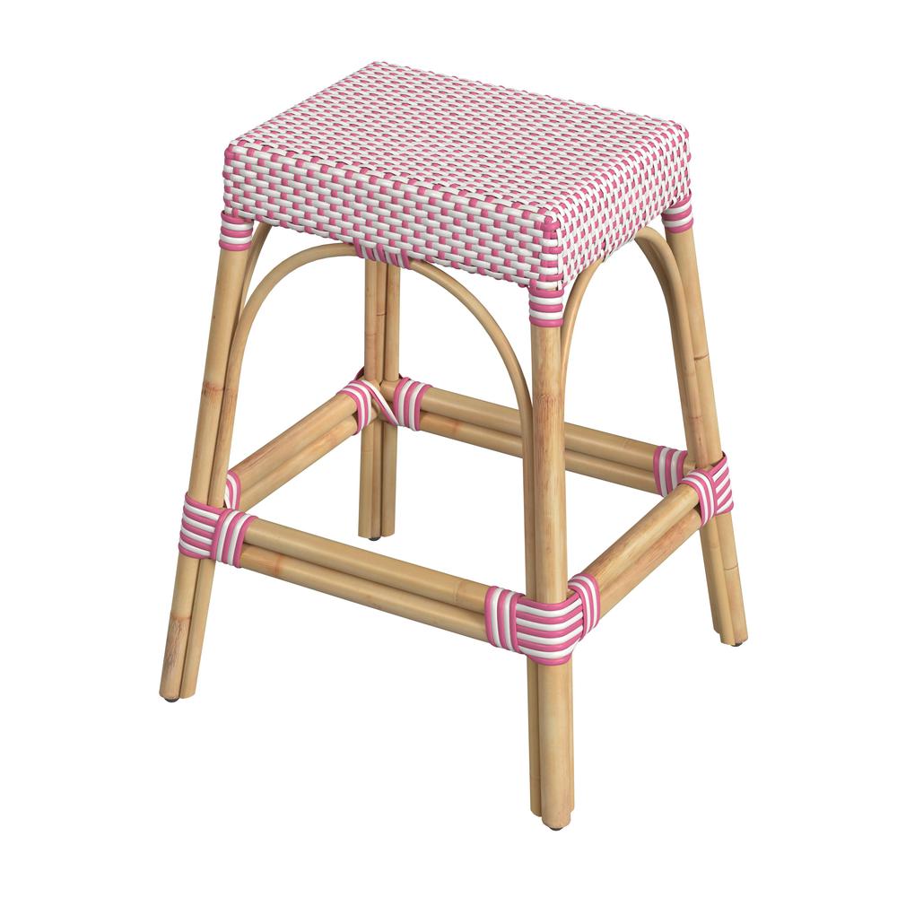 Company Robias Rectangular Rattan 24.5" Counter Stool, White and Pink Dot. Picture 1