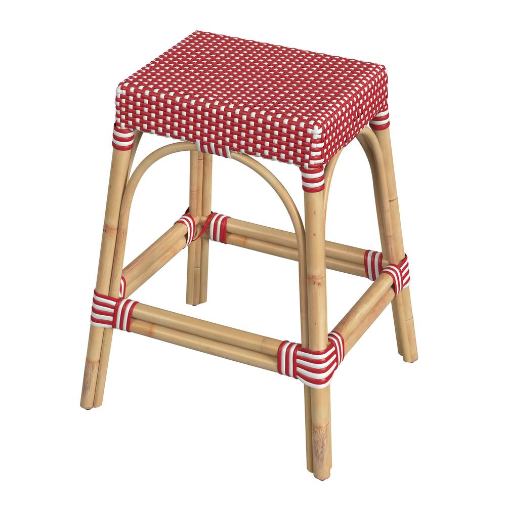 Company Robias Rectangular Rattan 24.5" Counter Stool, Red and White Dot. Picture 1