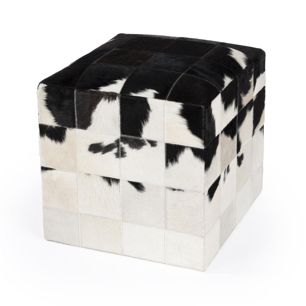 Company Victorian Hair on Hide Cube Ottoman, Black and White. Picture 1