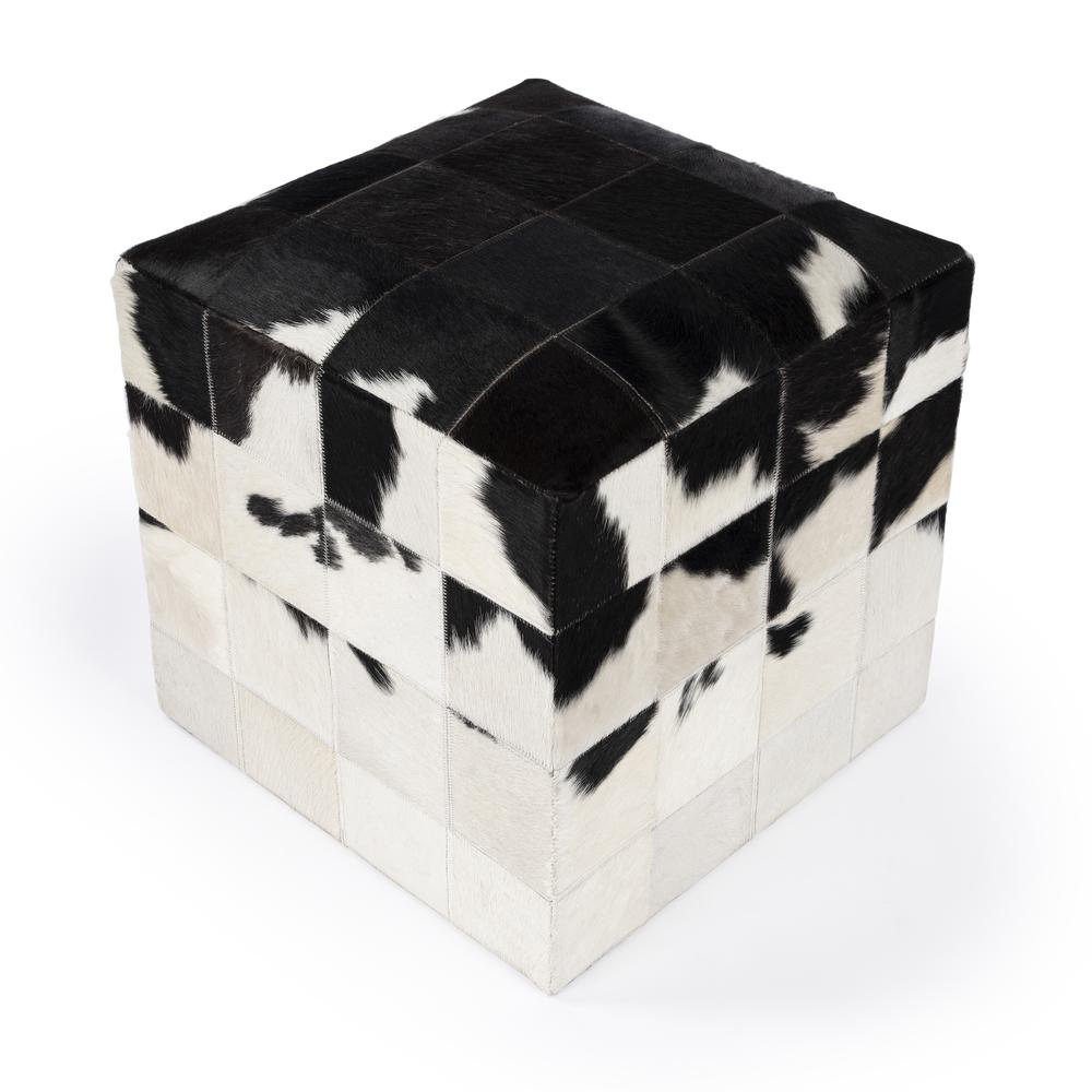 Company Victorian Hair on Hide Cube Ottoman, Black and White. Picture 3