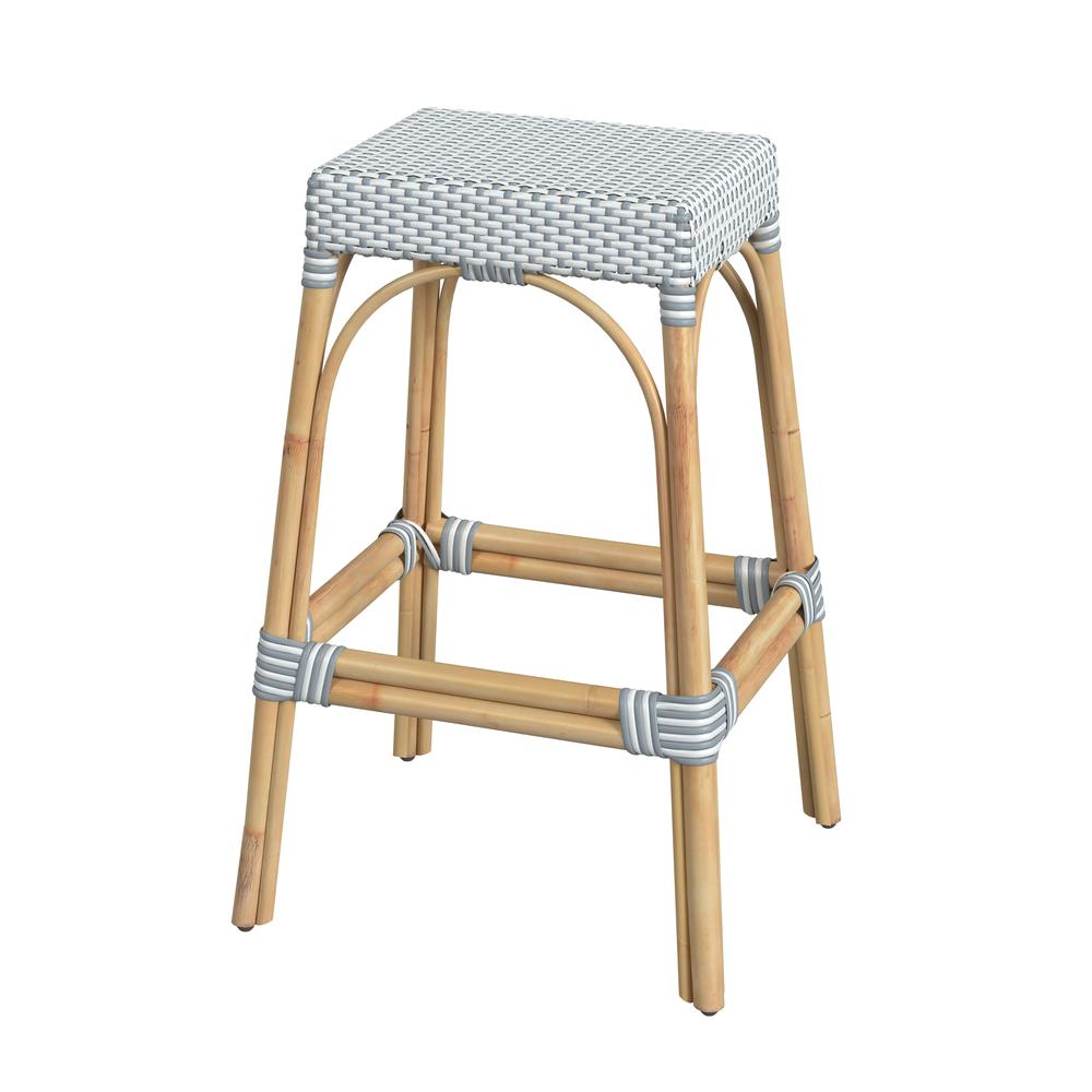 Company Robias Rectangular Rattan 30" Bar Stool, White and Sky Blue Dot. Picture 1