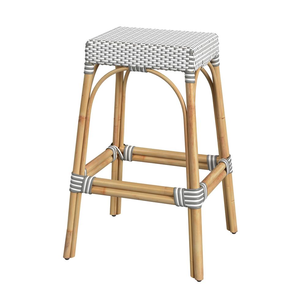 Company Robias Rectangular Rattan 30" Bar Stool, Gray and White Dot. Picture 1