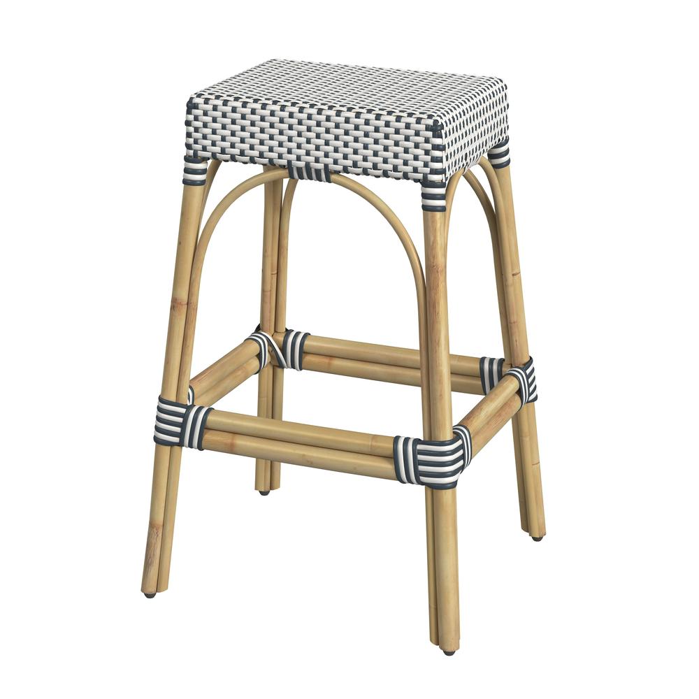Company Robias Rectangular Rattan 30" Bar Stool, White and Navy Stripe. Picture 1