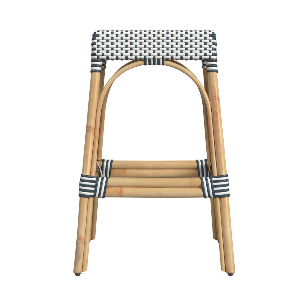 Company Robias Rectangular Rattan 30" Bar Stool, White and Navy Stripe. Picture 2