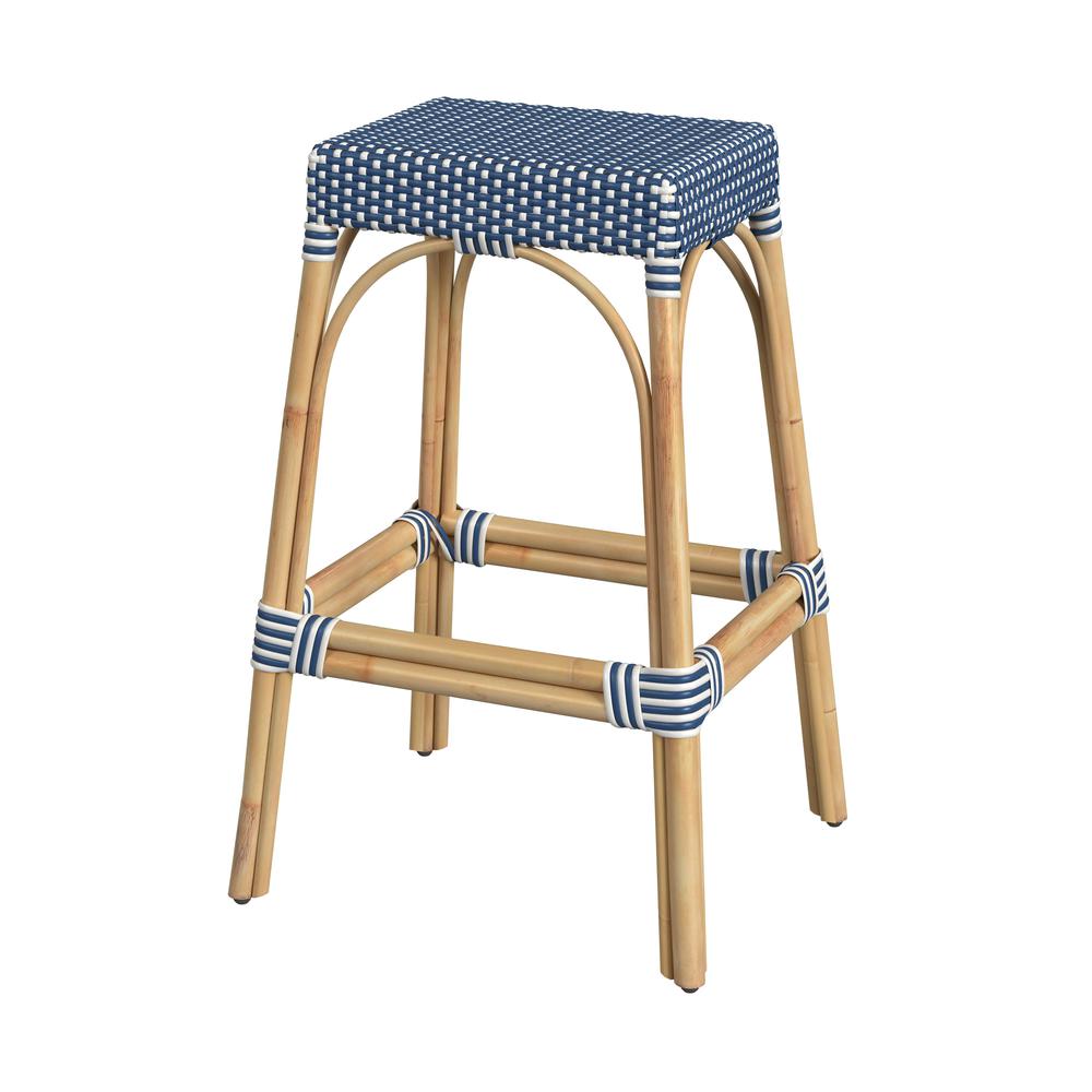 Company Robias Rectangular Rattan 30" Bar Stool, Blue and White Dot. Picture 1