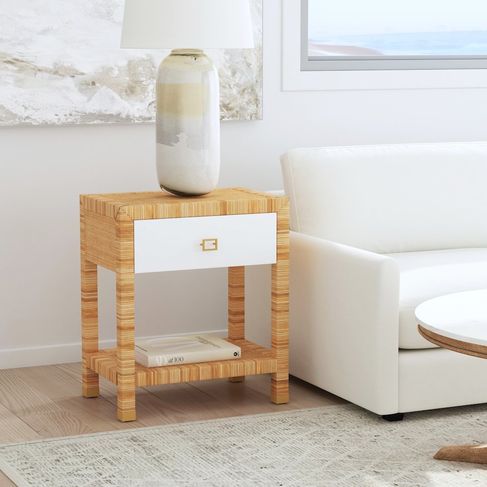 Company Corfu 1 Drawer Natural Rattan Nightstand, Natural and White. Picture 9