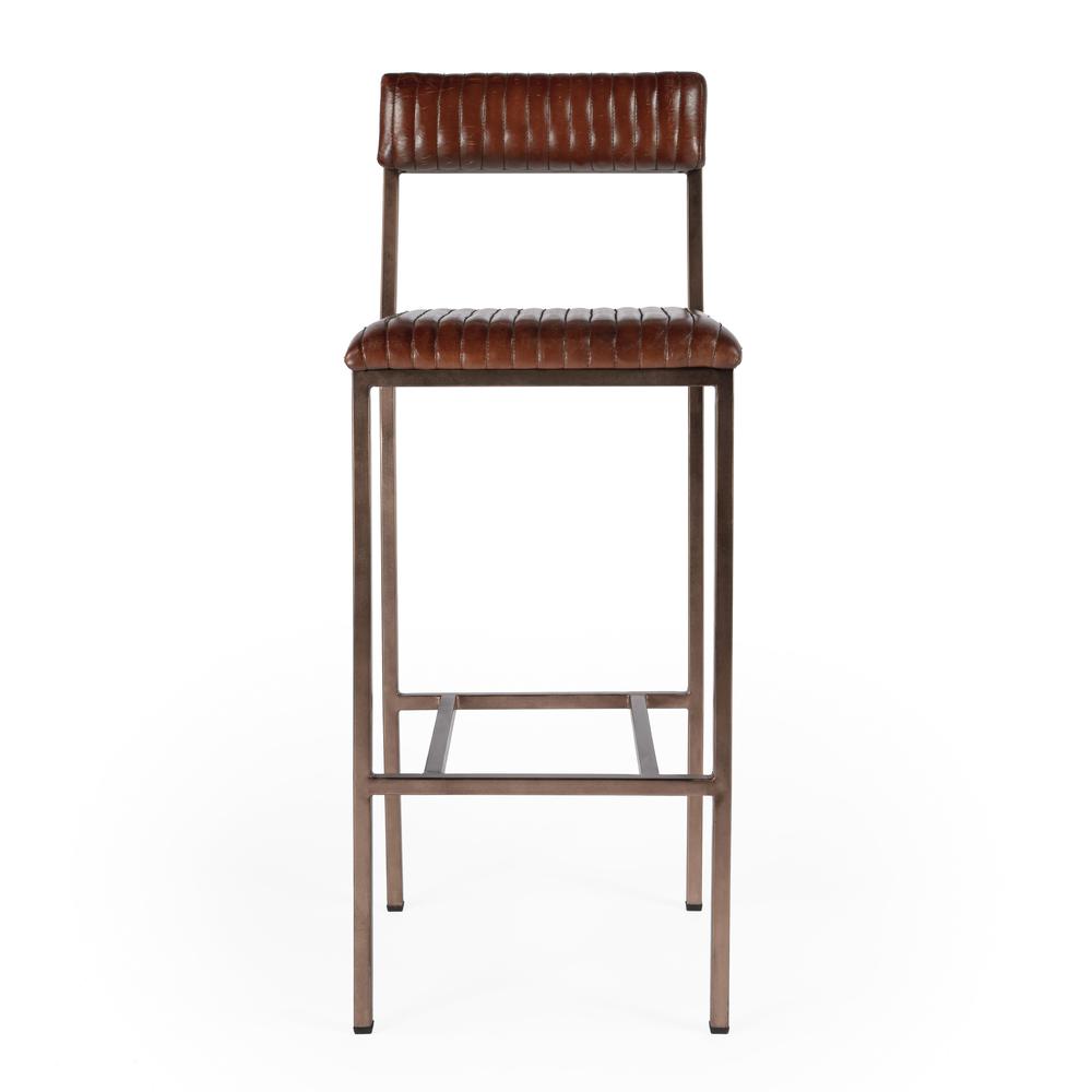 Company Waco Iron and Leather Cushioned 31.5" Bar Stool, Medium Brown. Picture 3