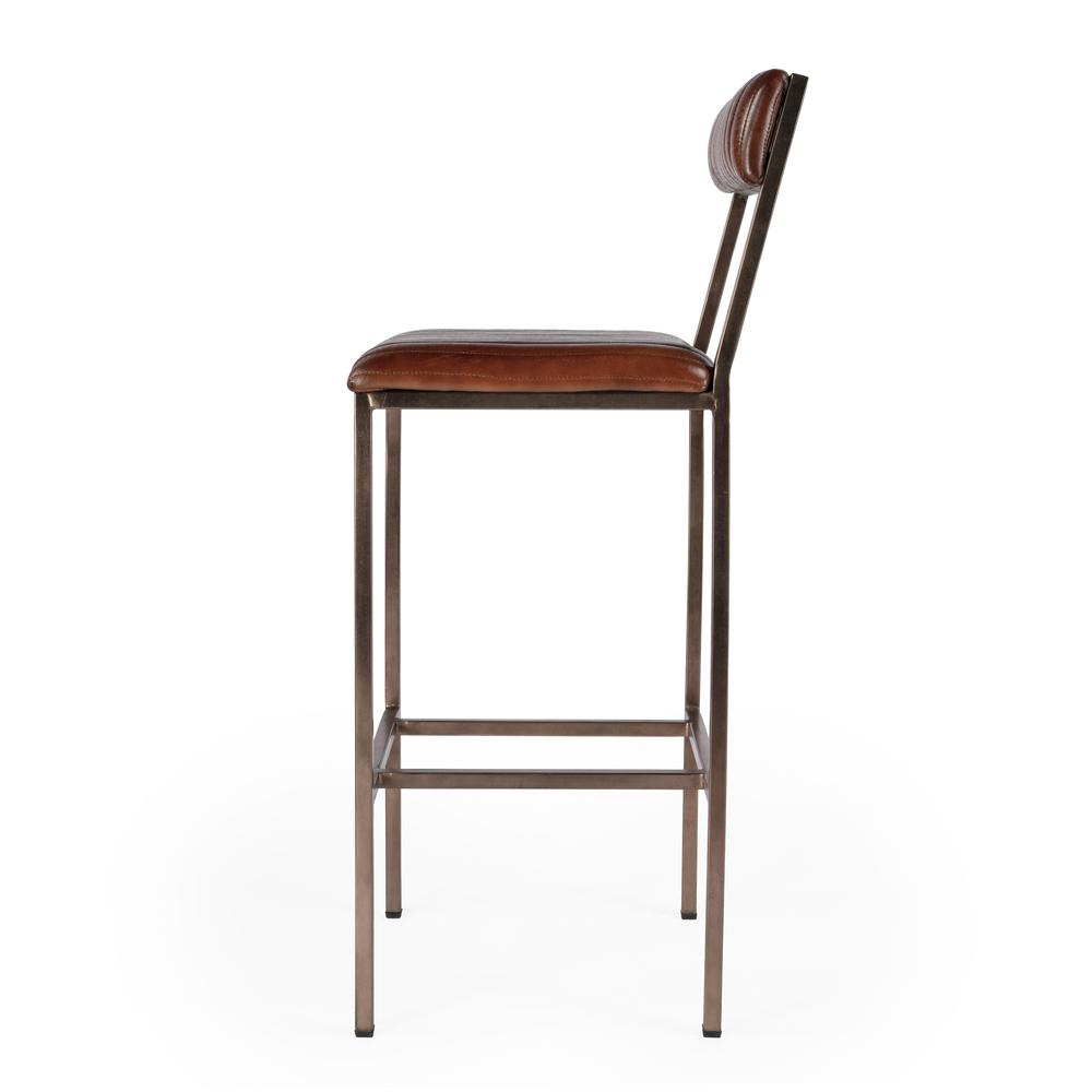 Company Waco Iron and Leather Cushioned 31.5" Bar Stool, Medium Brown. Picture 4