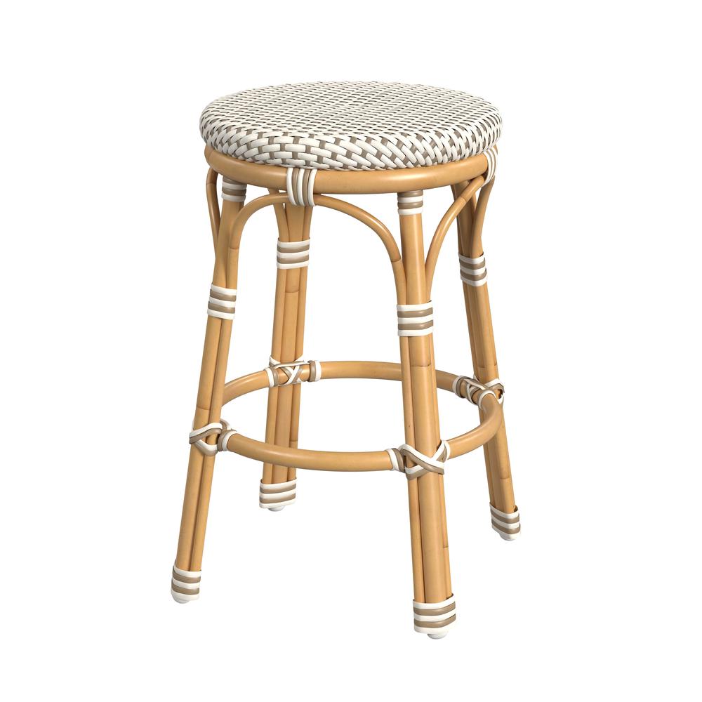 Company Tobias Outdoor Rattan and Metal Counter Stool, Beige and White. Picture 1