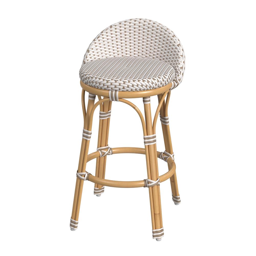 Company Tobias Outdoor Rattan and Metal Low Back Counter stool, Beige and White. Picture 1