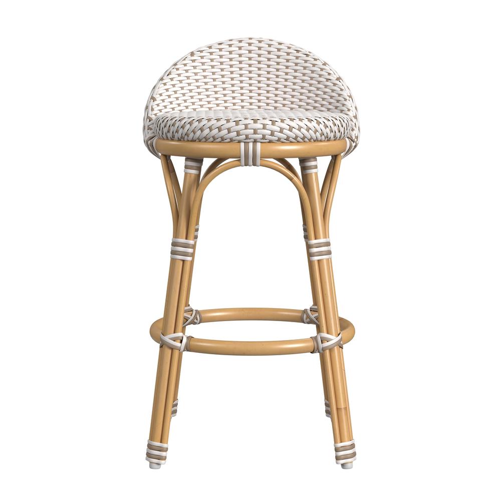 Company Tobias Outdoor Rattan and Metal Low Back Counter stool, Beige and White. Picture 2