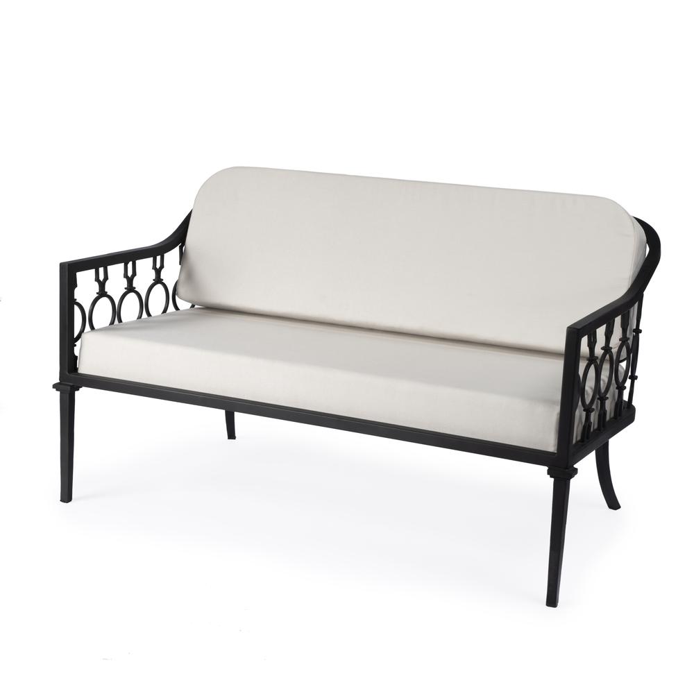 Company Southport Iron Upholstered Outdoor Loveseat, Black. Picture 1