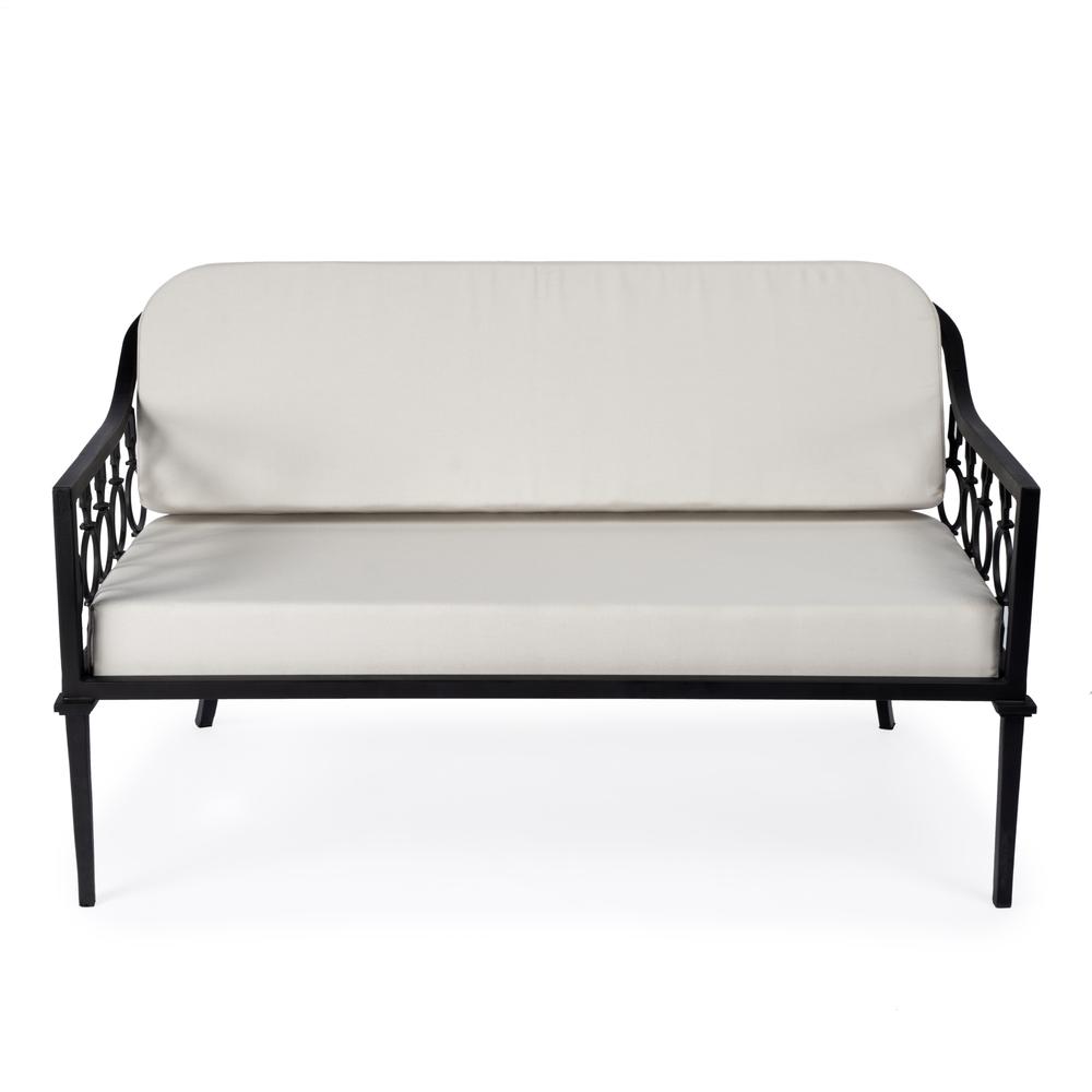 Company Southport Iron Upholstered Outdoor Loveseat, Black. Picture 2