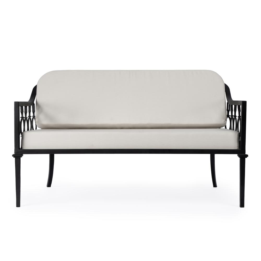 Company Southport Iron Upholstered Outdoor Loveseat, Black. Picture 3