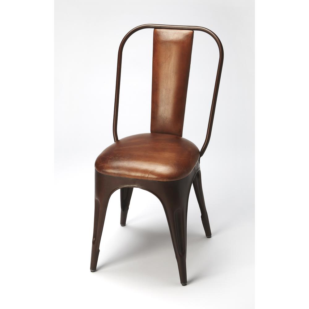 Riggins Iron & Leather Side Chair, Brown Leather. Picture 1