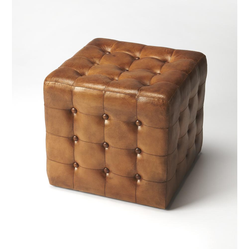 Company Leon Leather Cube Ottoman, Medium Brown. Picture 1