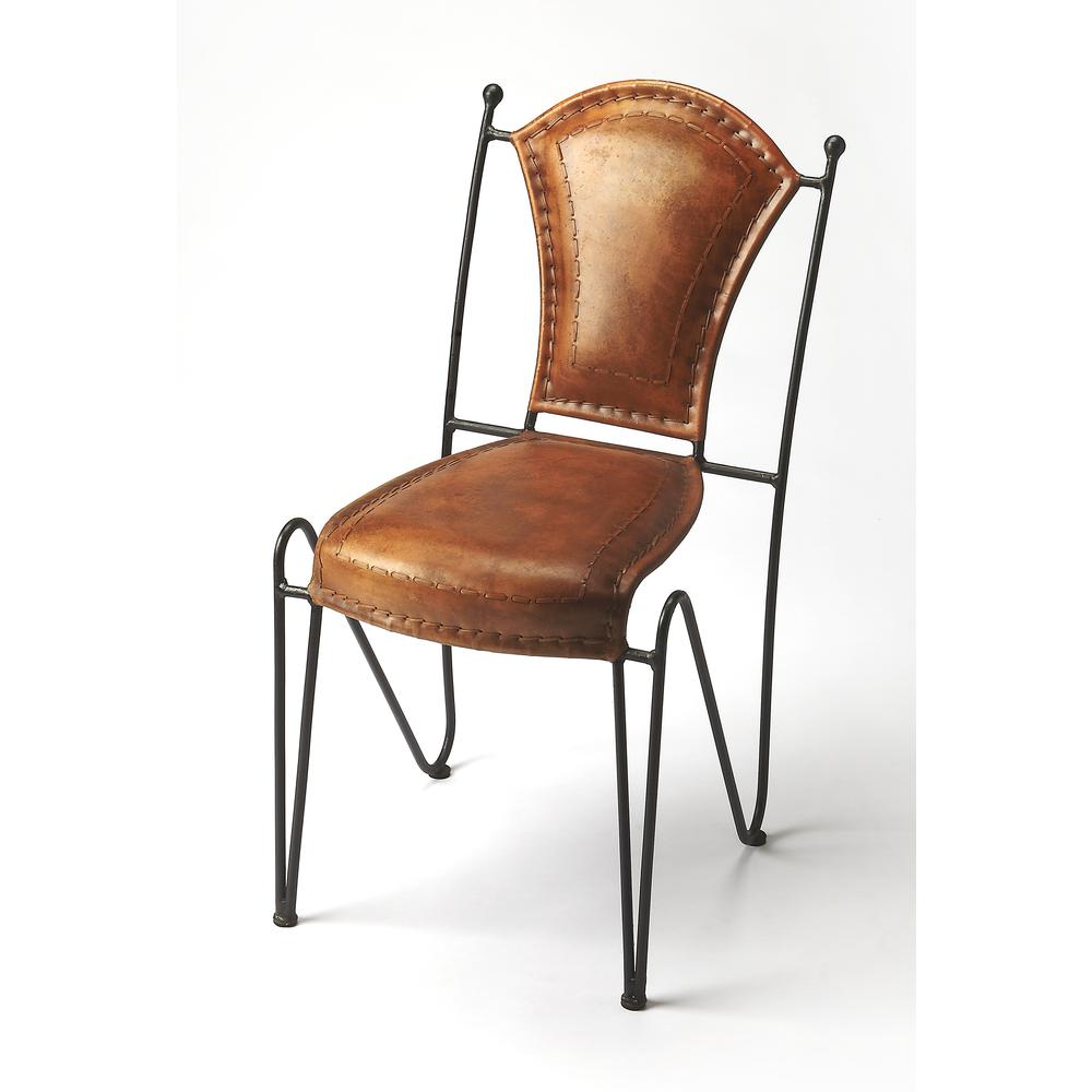Company Coriander Iron & Leather Side Chair, Medium Brown. Picture 1
