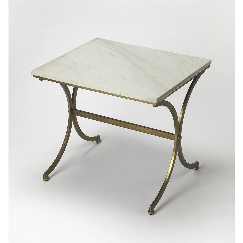 Pamina Travertine Accent Table, Antique Gold. Picture 1