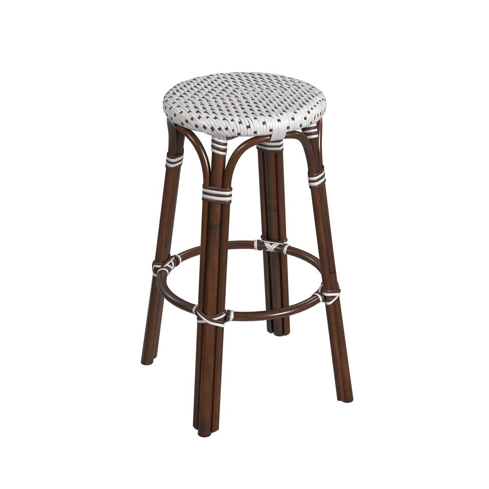 Company Tobias Round Rattan 30" Bar Stool, White and Brown Dot. Picture 1
