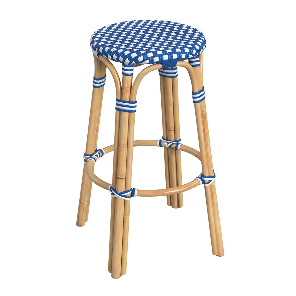 Company Tobias Round Rattan 30" Bar Stool, Blue and White Dot. Picture 1
