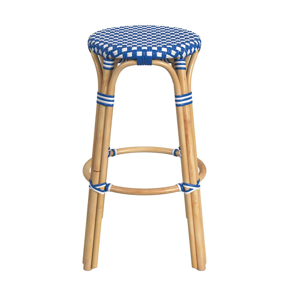 Company Tobias Round Rattan 30" Bar Stool, Blue and White Dot. Picture 2