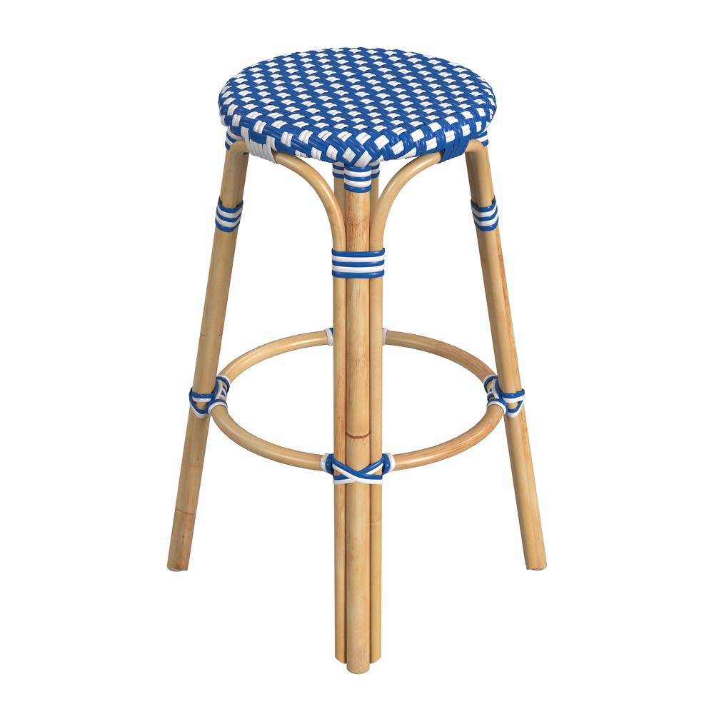 Company Tobias Round Rattan 30" Bar Stool, Blue and White Dot. Picture 3