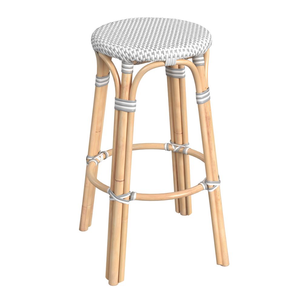 Company Tobias Round Rattan 30" Bar Stool, White and Gray Dot. Picture 1