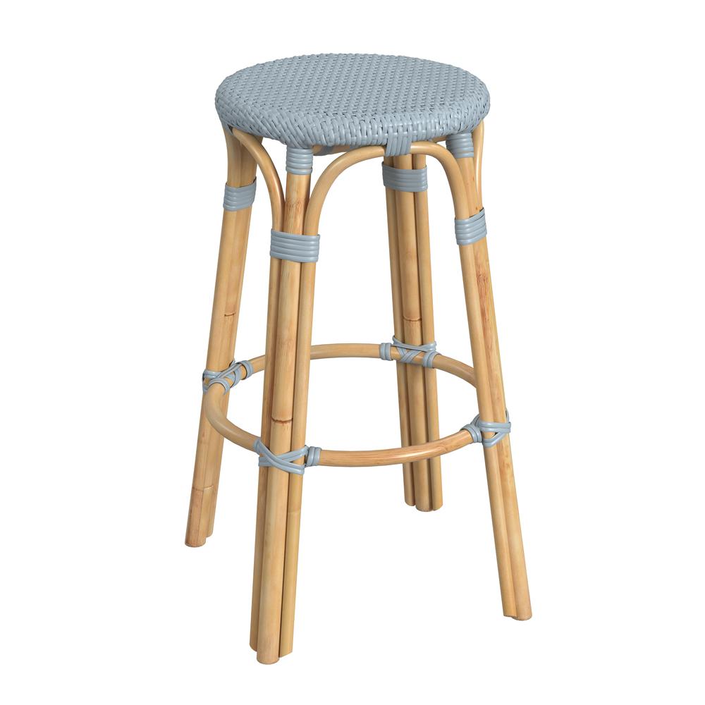 Company Tobias Round Rattan 30" Bar Stool, Baby Blue. Picture 1