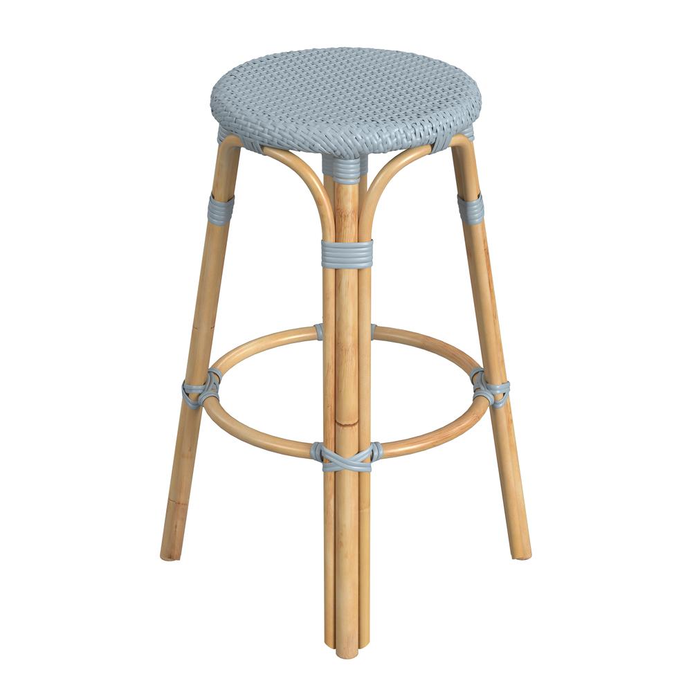 Company Tobias Round Rattan 30" Bar Stool, Baby Blue. Picture 3