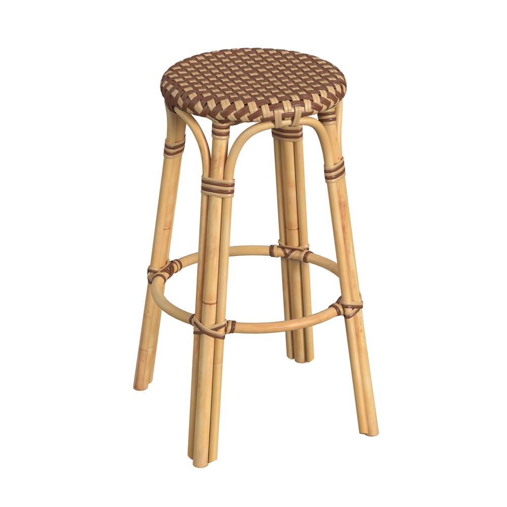Company Tobias Round Rattan 30" Bar Stool, Brown and Tan Dot. Picture 1