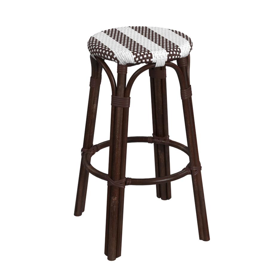 Company Tobias Round Rattan 30" Bar Stool, White and Brown Stripe. Picture 1