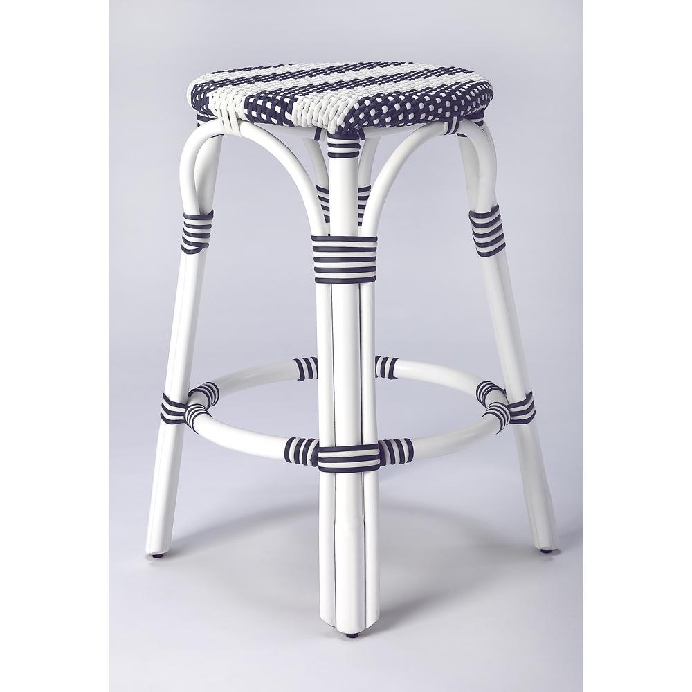 Company Tobias Rattan Round 24" Counter Stool, White and Navy Stripe. Picture 2