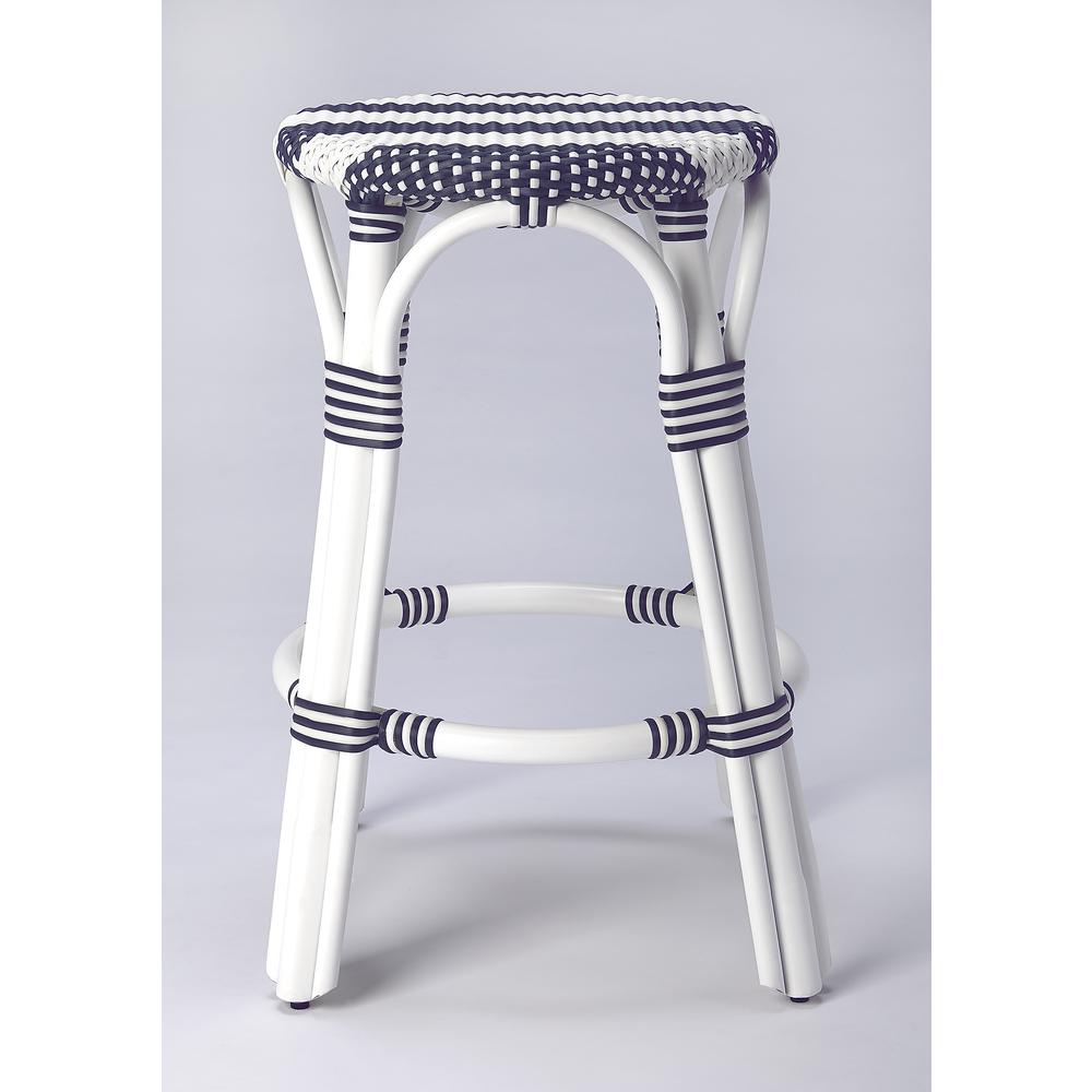 Company Tobias Rattan Round 24" Counter Stool, White and Navy Stripe. Picture 3