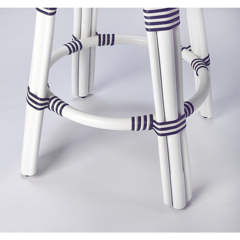 Company Tobias Rattan Round 24" Counter Stool, White and Navy Stripe. Picture 4