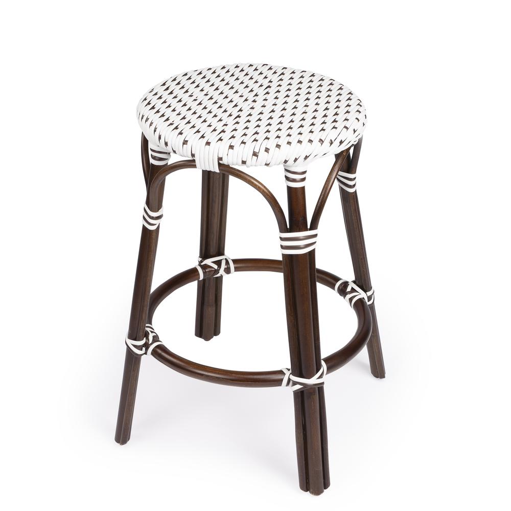 Company Tobias Rattan Round 24" Counter Stool, White and Brown Dot. Picture 1