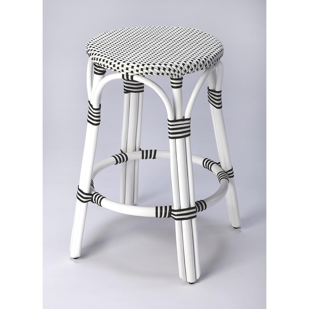 Company Tobias Rattan Round 24" Counter Stool, White and Black Dot. Picture 1