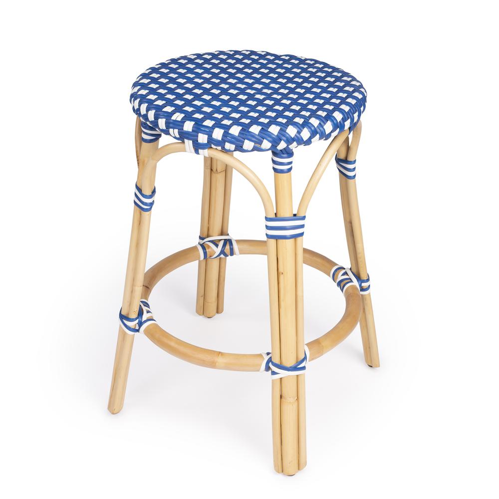 Company Tobias Rattan Round 24" Counter Stool, Blue and White Dot. Picture 1