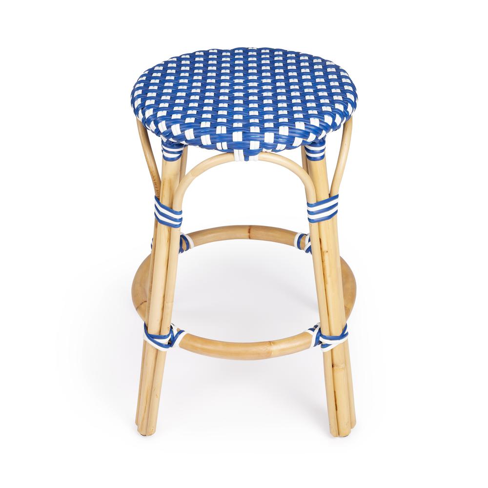 Company Tobias Rattan Round 24" Counter Stool, Blue and White Dot. Picture 2