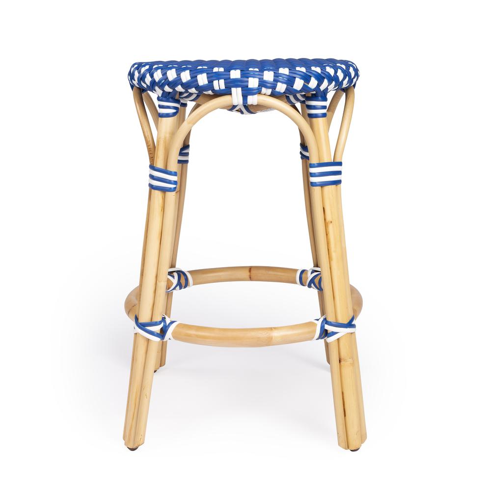 Company Tobias Rattan Round 24" Counter Stool, Blue and White Dot. Picture 3