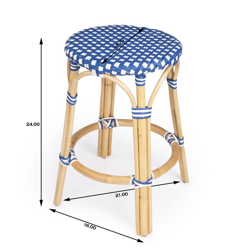 Company Tobias Rattan Round 24" Counter Stool, Blue and White Dot. Picture 6