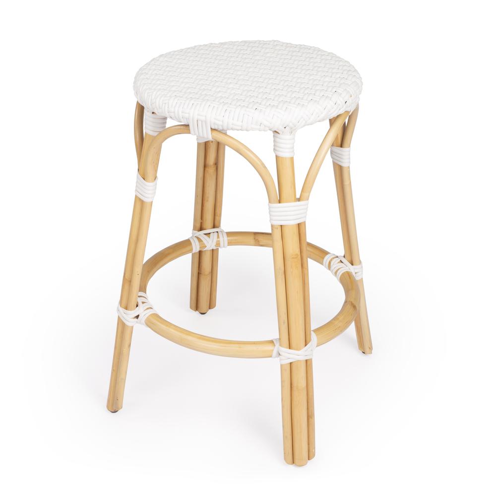 Company Tobias Rattan Round 24" Counter Stool, Glossy White. Picture 1