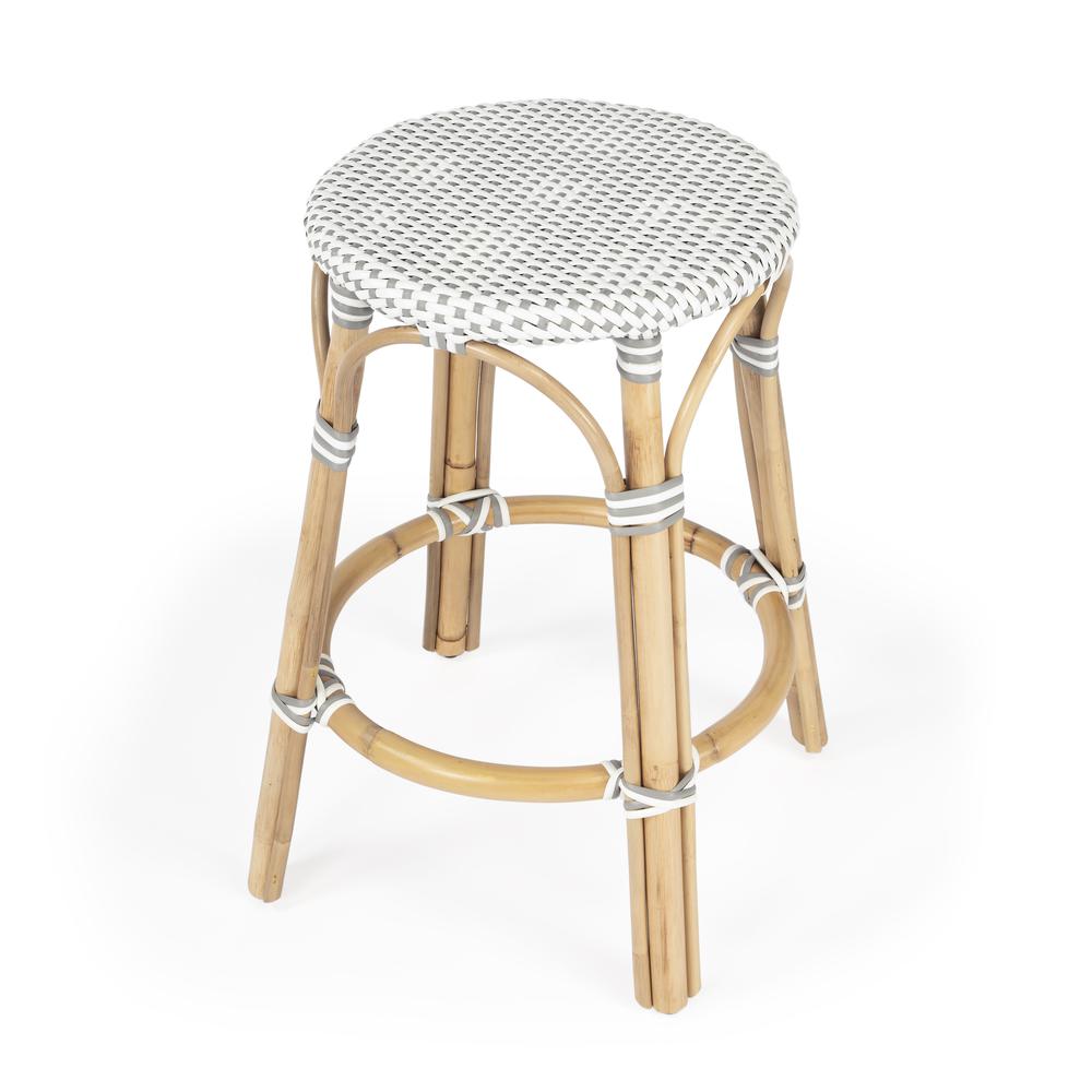 Company Tobias Rattan Round 24" Counter Stool, White and Gray Dot. Picture 1